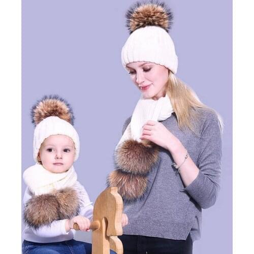 Winter Women Pom Pom Beanie Warm Knitted Bobble Fur Pompom Hat and Scarf Set Children Real Raccoon Fur Pompon Hat Skullies