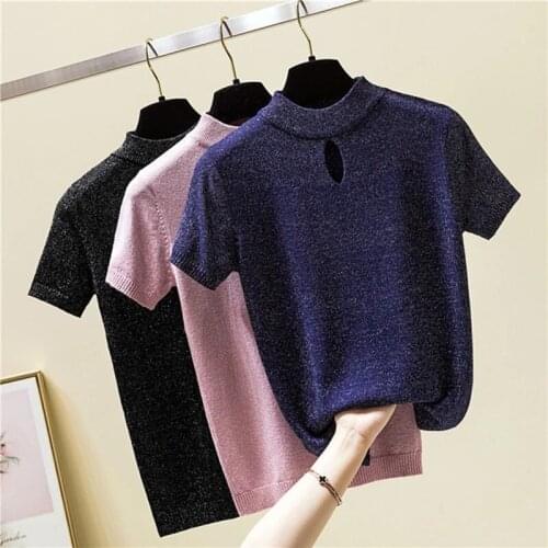 2021 Summer Fashion Shiny Lurex Harajuku T Shirt Women Knitted Hollow Out Sexy Tops Short Sleeve Turtleneck Tshirts White Black