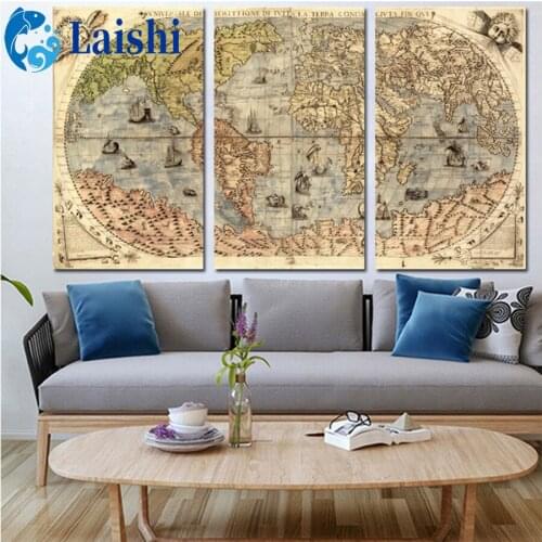 3pcs Vintage world map Diamond Painting Full Round Rhinestone Paintings Diamond Embroidery Cross Stitch Mosaic Home Decoration