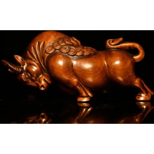 5"China Lucky Old Boxwood Painted Hand-carved Lucky Bull Statue Money Wishful Cow Office Ornaments Town House Exorcism