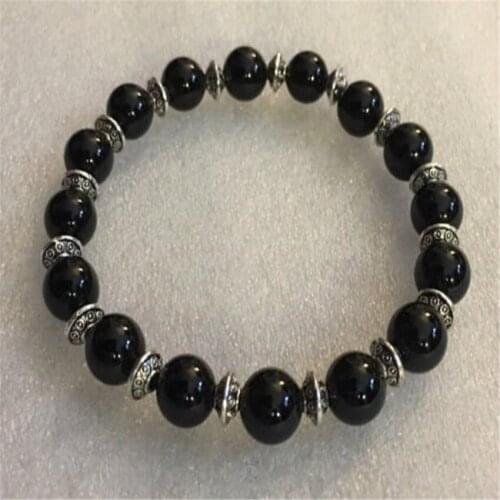 8mm Obsidian Bracelet Lucky Wrist Bead Handmade Wristband Diy Spirituality Pray Tibet silver Cuff Sutra 7.5inches Energy Reiki