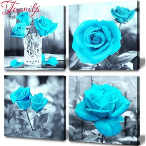 DIY Diamond painting cross stitch kits Black and White Teal Rose Flower Painting,Wall Decor 4 Pieces set Diamond Embroidery
