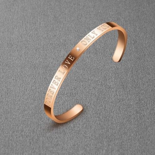BC Fashion Women C Style Open Rose Gold Stainless Steel Bracelet Bangle with forever only you logo white CZ for Gife