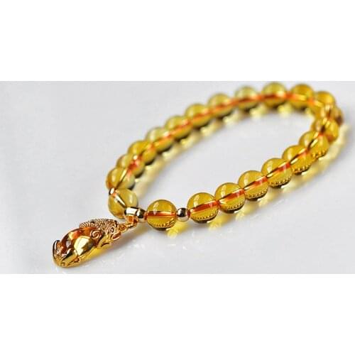 Wholesale Yellow Crystal Bracelets Round Beads With Pixiu Charm Lucky for Women Men Fashion Business career Simple Jewelry