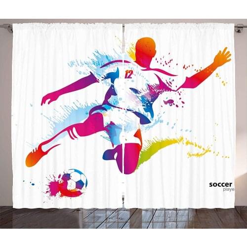 Teen Room Decor Curtains Soccer Player Kicks The Ball Watercolor Style Spray Championship Living Room Bedroom Window Drapes