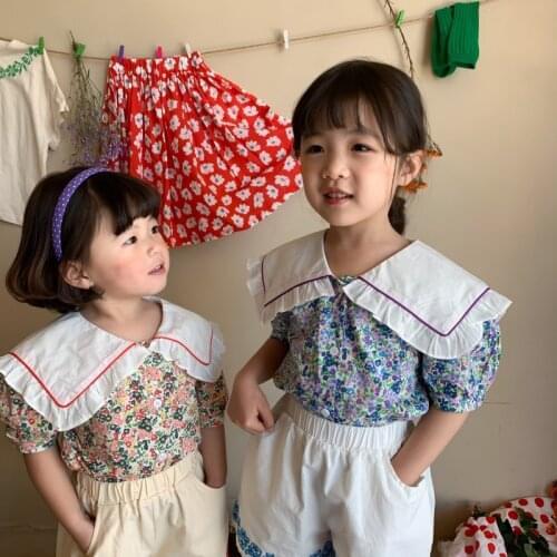Childrens shirt 2021 flower shirt baby sweet cute Korean big lapel top kids clothes girls