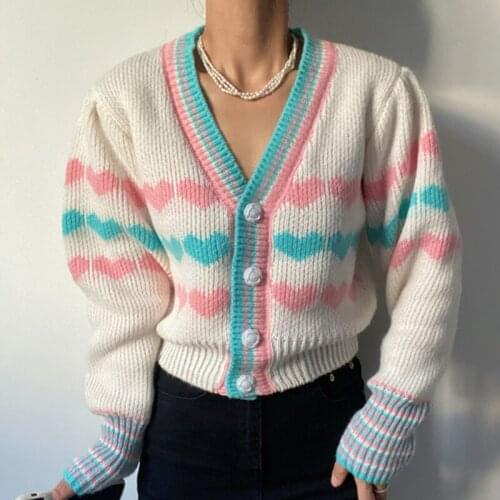 Korean Style Sweet V Neck Hearts Print Cardigans For Women Spring Autumn Casual Loose Sweater Jacket Lady Chic Cardigan Outwear