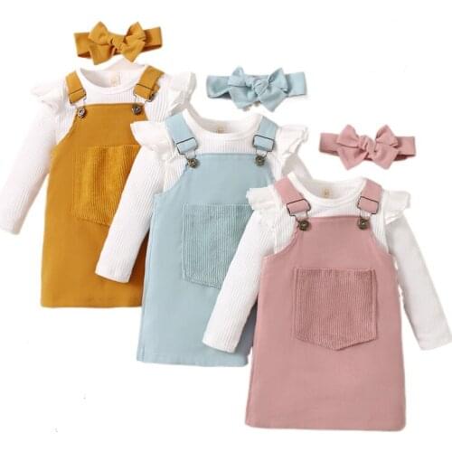 3Pcs Kids Girls Spring Autumn Tracksuit, Solid Color Ribbed Long Sleeves T-Shirt +Overalls Dress with Pocket+ Hairband, 1-5Years