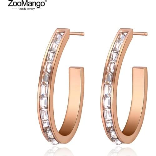 ZooMango Trendy Stainless Steel Shining Cubic Zirconia Earrings Jewelry Rose Gold Wedding Anniversary Earrings For Women ZE19117