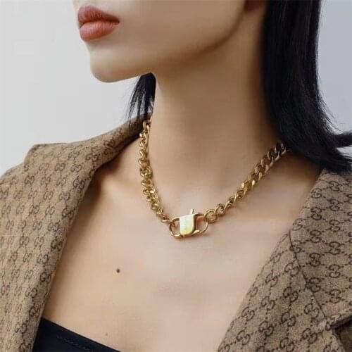 TIMEONLY Hyperbole Golden Lock Metal Choker Necklaces Chunky Cuban Chain Hollow Stainless Steel Necklace for Women Lady Jewelry