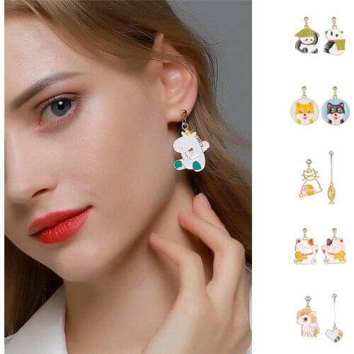 Fashion Cartoon Panda Dog Unicorn Pendant Earrings For Women Girls Cute Oil Drop Animal Charms Stud Ear Jewelry Gifts