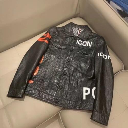 Men Spring Clothes Gentlemans Genuine Leather Jacket Pattern Of Letters High Quality Turn-Down Collar Coat Real Sheepskin