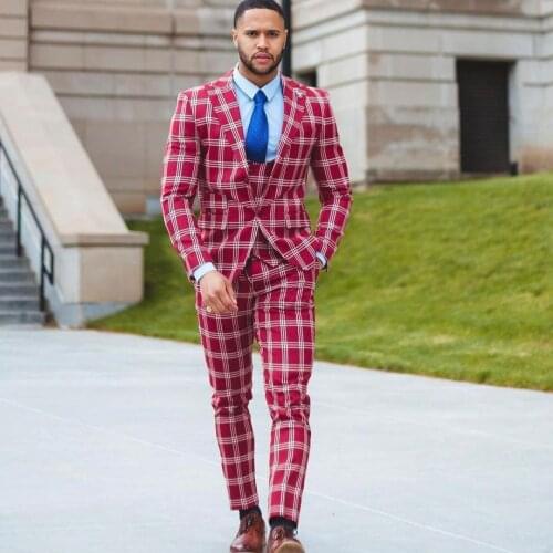 Red Plaid Mens Suits 3 Pieces Prom Tuxedo Groomsmen Wedding Suit Fashion Men Business Blazer Fomal Jacket Pants Vest