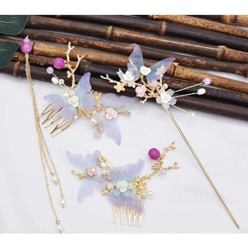 New Women Hanfu Pearl Long Tassel Flower Hair Sticks Hairpins Hair Combs Set Chinese Style Bridal Wedding Hair Accessories