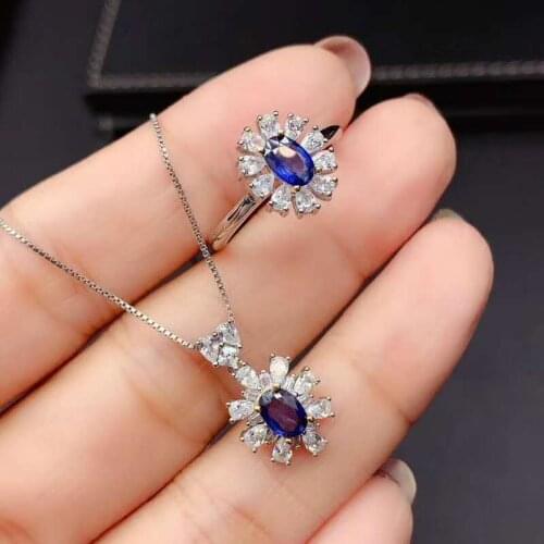 Natural Sapphire Luxury Rings Pendants Necklace Set S925 Sterling Silver Fine Fashion Jewelry for Women Free Shipping MeibaPJFS