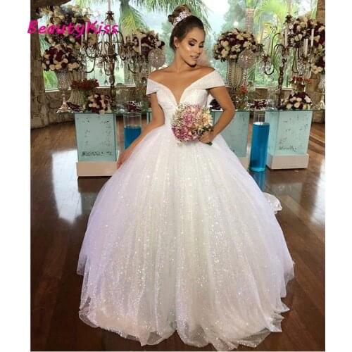 Luxury Princess Wedding Dresses 2021 Off Shoulder Shiny Ball Gown Bridal Gowns Lace Up Back Long Vestido de Noiva Robe De Mariee
