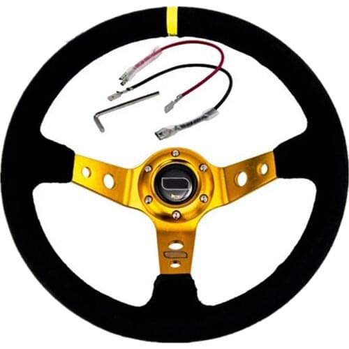 JDM OM Racing Yellow Bracket Steering Wheel Universal Car 14 Inch 350MM Black Suede Deep Dish Steering Wheel
