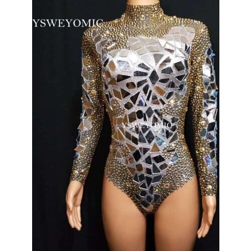 High Quality Rhinestones Flashing Mirrors Bodysuit Womens Birthday Prom Celebrate Outfit DJ Women Dance Show Sexy Clothes