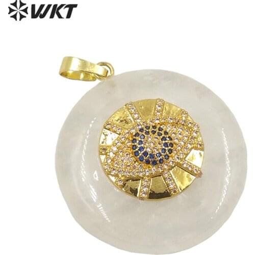 WT-P1660 WKT wholesale big Round white crystal stone quartz charm evil eye stone pendant women gold micropave charm gold pendant