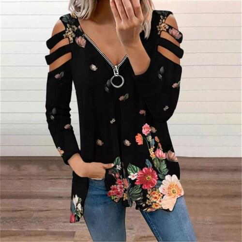 Hollow Out Blouse Women Floral Print Zipper Women Off Shoulder Blouse V-neck Long Sleeve Vintage Shirts Camisas De Mujer 40