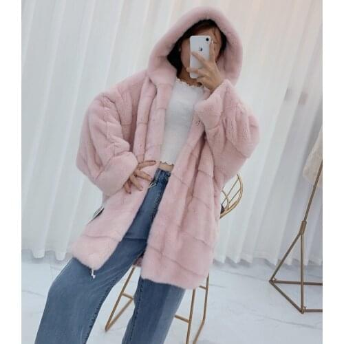 Women natural mink fur coat female bat shirt fur jacket medium long pink whole real mink fur outerwear