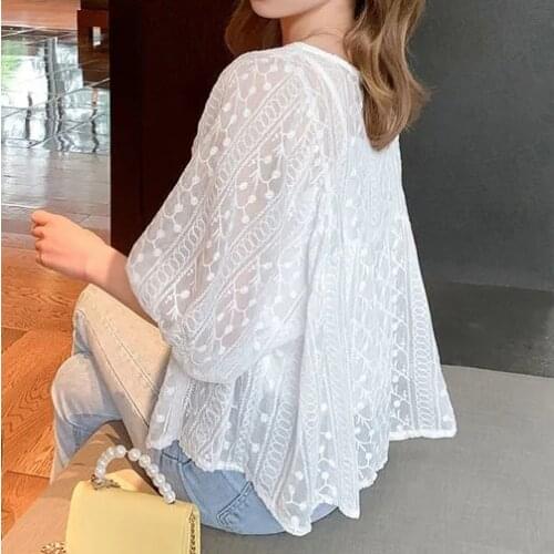 Sling lace shirt womens new summer puff sleeve sweet net yarn sunscreen two-piece jacket tide long sleeve blouse