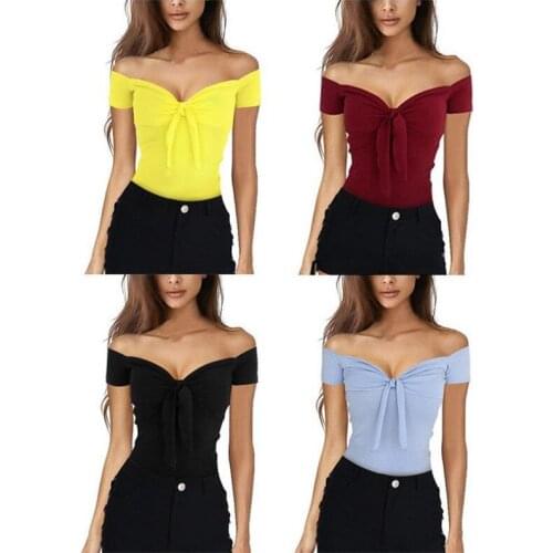4 colors Women Tight T-shirt Summer Women Casual solid Cold Shoulder Short Sleeve T-shirt Tops v-Neck Short Sleeve HC033