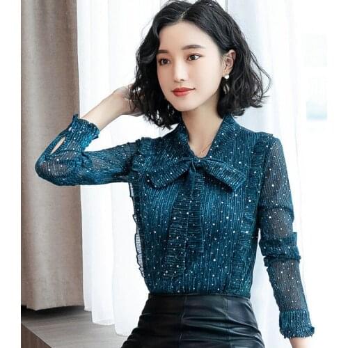 Women Tops and Blouses Spring Chiffon Paillette Lady Top Blusas Feminina Bow Tie Long Sleeve Workwear Shirt Green Pink DD2451