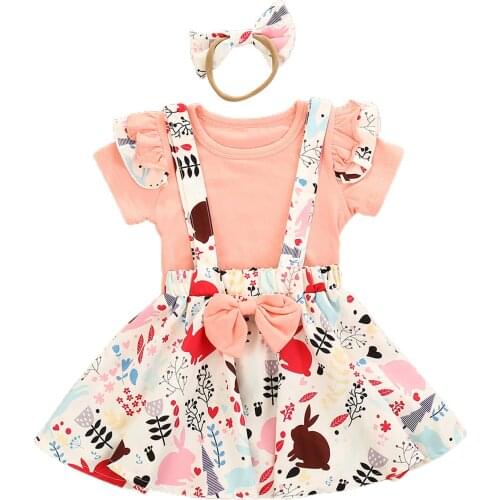 Girl Skirt Three Piece Headband And Suit Fresh Solid Color Short Sleeve T-Shirt Easter Rabbit Suspender Skirt European American