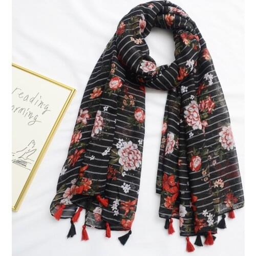 Women Striped Floral Print Scarf with Tassels Girls Spring Summer Tropical Printed Scarf Cape Shawl Wrap Black Long Flower Scarf