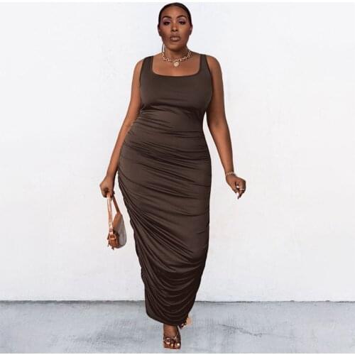 ZJFZML ZZ Women Clothing Dress Plus Size Coffee Square Collar Sleeveless Pleated Long Maxi Dresses New Dropshipping Wholesale