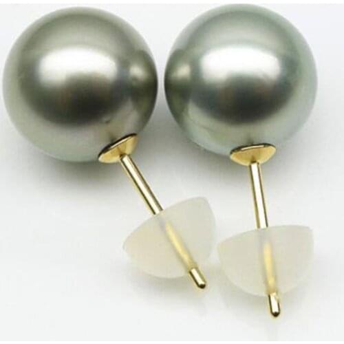 18K Yellow Gold Gray Green Tahitian Sea Cultured Pearl Earrings 10-10.5MM