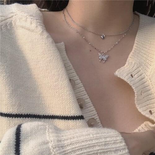2021 Elegant Double Layer Crystal Chian Choker Necklace For Women Shiny Zircon Cute Butterfly Pendant Gift Aesthetic Jewelry