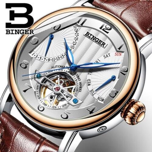 2020 Genuine Luxury BINGER Brand men automatic mechanical self-wind sapphire watch calendar waterproof leather strap big dial