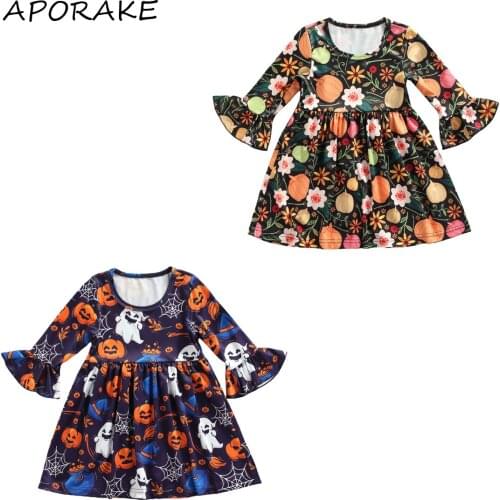 2021 0-4Y Toddler Baby Girls Dress Halloween Pumpkin Ghost Print Round Neck Flare Long Sleeve Loose Dress Kids Costume Clothes