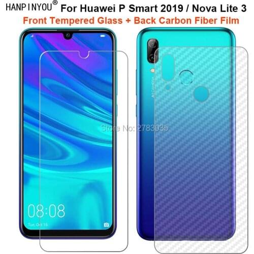 For Huawei P Smart 2019 / Nova Lite 3 Lite3 1 Set= Soft Back Carbon Fiber Film + Premium Tempered Glass Front Screen Protector