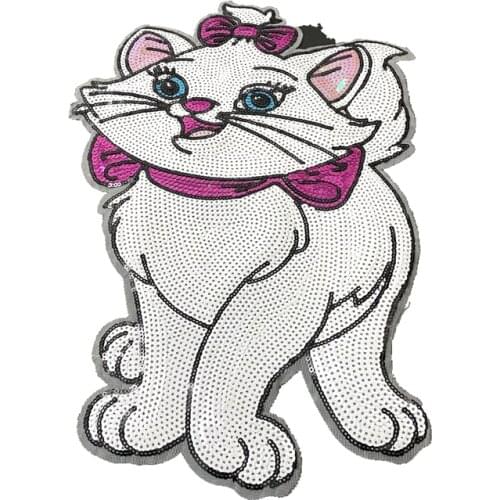 DZ Big Cartoon cat Sequined Patches White Cat Patches for Clothes Sew on Sequins Animal Patch Badge DIY clothing part