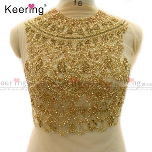 Hand-made Gold Rhinestone Fabric Bodice Applique For Wedding Panel WDP-336