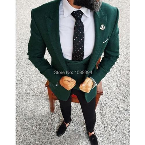 Tailor Made Men Wedding Suits 2018 Dark Green Wool Blazer 3 Pieces Slim Fit Groom Wedding Tuxedos Best Man Blazer