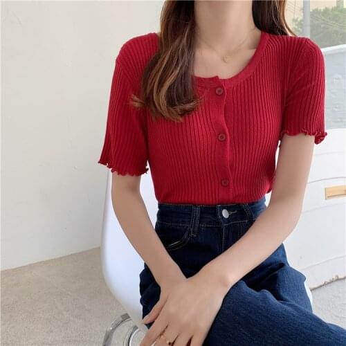 Fashion Summer New Ice silk Kknitted Short-Sleeved Cardigan Round Neck Single-Breasted Wooden ears Hem Elasticity Thin Top