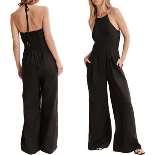 Effortless Black 100% Organic Linen Halter Elastic Backless Jumpsuit Sexy Sleevelss Strapless Lace-Up Wide Leg Culuttes Overalls