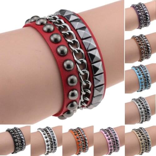 Handmade Bracelet Punk Rock Rivet Multi Layers Bracelet & Bangles For Women Man Pyramid Stud Leather Pulseira Masculina Bileklik