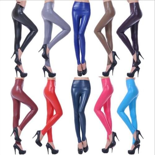 Fashion Sexy Women Shiny Metallic High Waist Black Stretchy PU Leather Leggings Pants XS S M L 30PCS