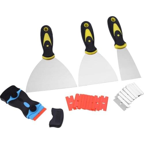 Scraper and putty knife set, 2 in 1 scraper tool with 10 plastic blades and 10 metal blades and 3 scrapers for wallpaper