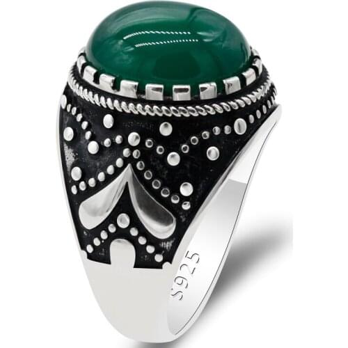 Real Pure 925 Sterling Silver Ring for Men Big Drips Charm Vintage Turkey Jewelry Oval Natural Agate Stone Mens Wedding Rings