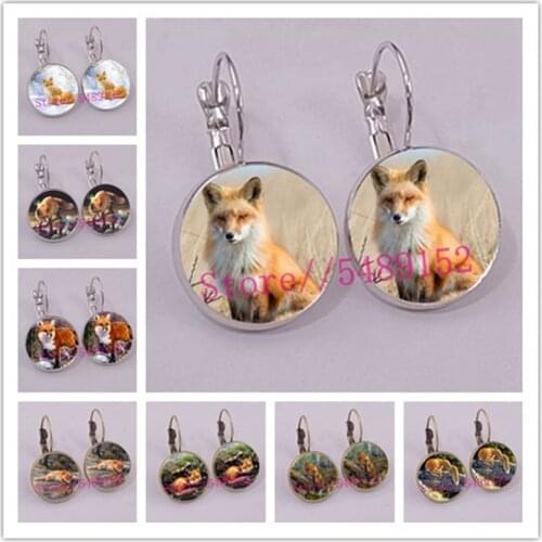 New cartoon fox earrings woodland bio round jewelry glass dome earrings