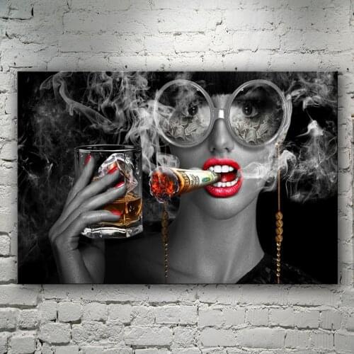 Poster Fashion Beauty Smoking Woman Wearing Glasses Canvas Wall Art Nordic Modern Living Room Home Decoration (Frameless)