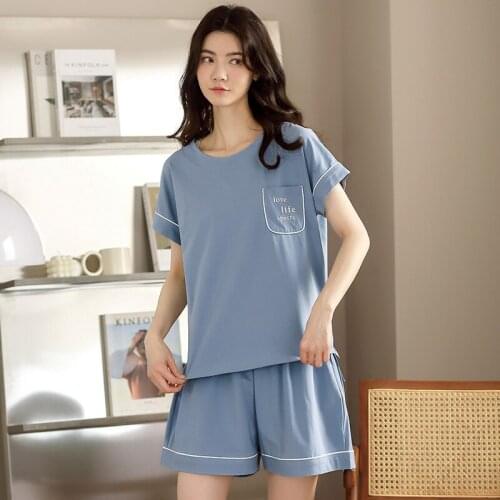 Simple Sleepwear Pyjamas Womens Pajamas Cotton Short Sleeve Ladies Pijama Sets Homewear Cute Cartoon Lounge Wear T-shits
