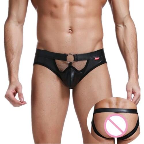Sexy Gay Thong G-string Jockstrap PU Lether Penis Pouch Men Underwear Latex Open Butt Sissy Panties Erotic Thongs Hombre Bikini
