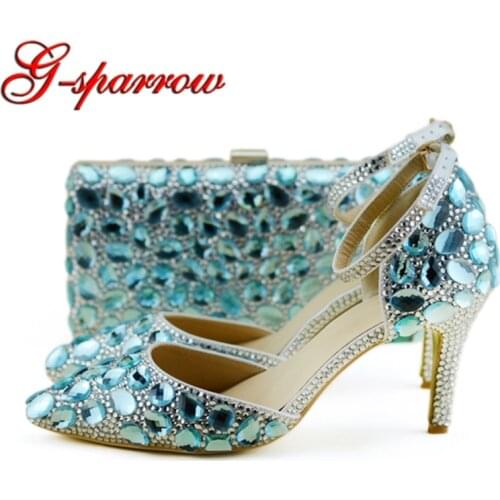 Spring and Summer Blue Rhinestone Shoes With Matching Bag Women Bridal Wedding Pointed Toe High Heels with Ankle Strap Sandals